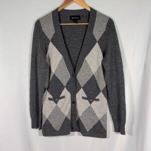 McDuff Womens 100% cashmere gray argyle long sleeve cardigan sweater size medium
